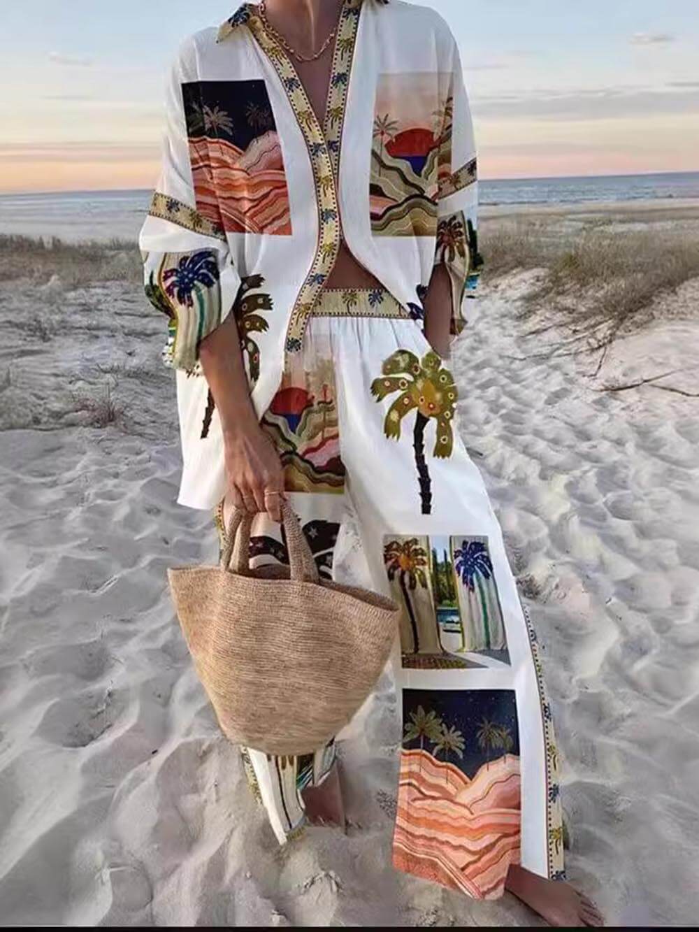 Unieke slouchy tweedelige set met palmboomprint