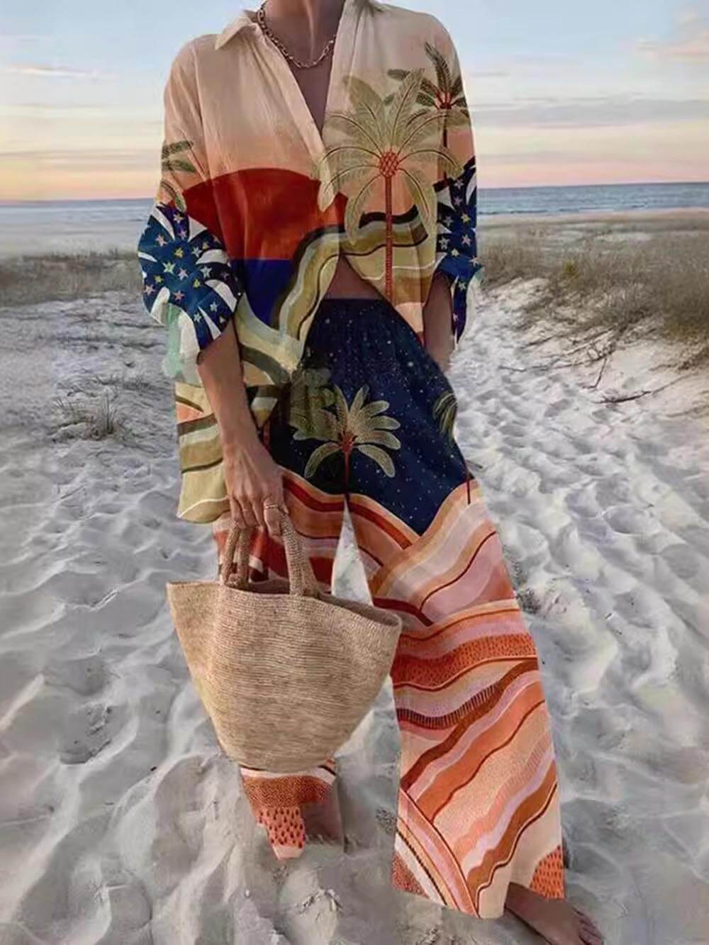 Unieke print Sunset Palms ontspannen tweedelige set