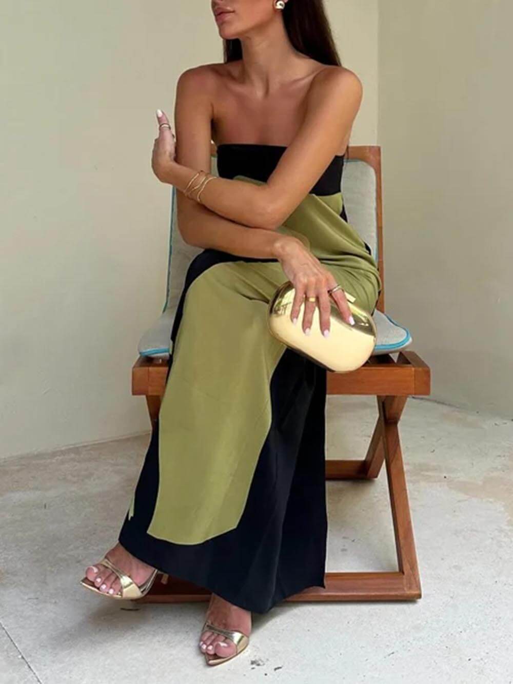 Mode Contrast Mouwloze Off Shoulder Gedrukt Maxi Jurk