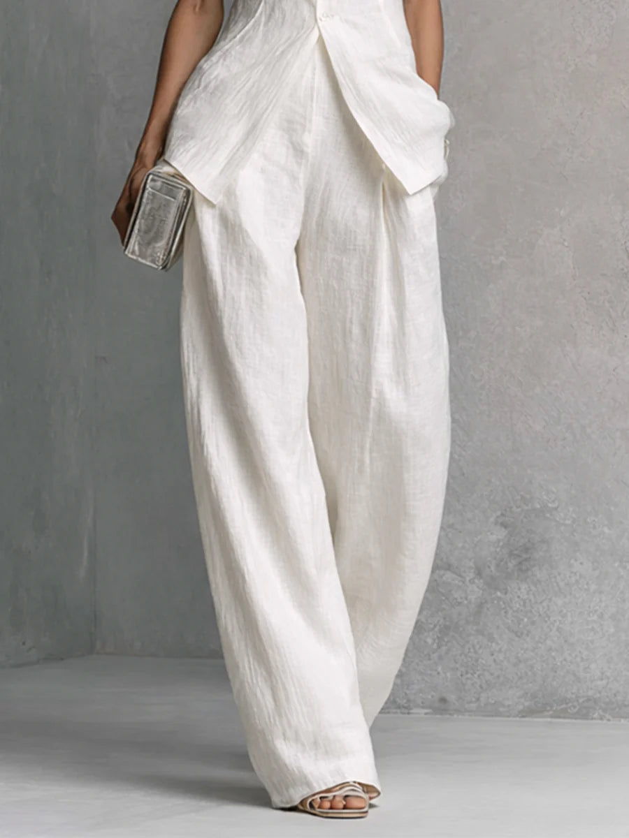Dylan | Witte Linnen-Katoen Mouwloze Top & Wijde Pantalon Set
