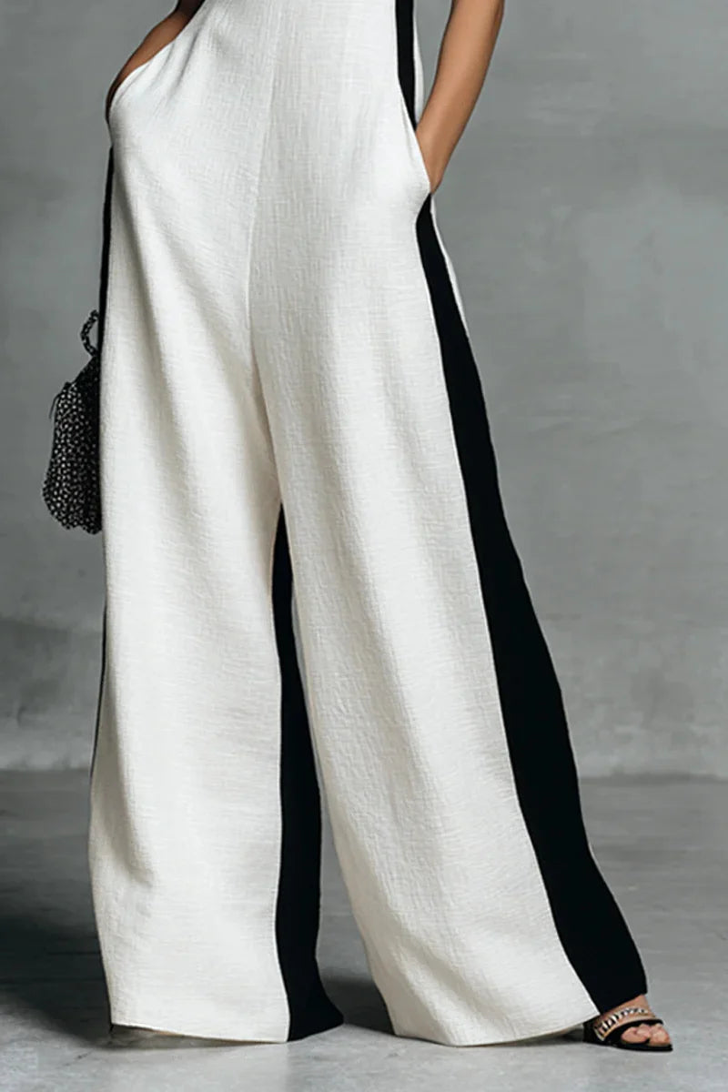 Emma | Zwart & Wit Contrast Stripe Mouwloze Jumpsuit