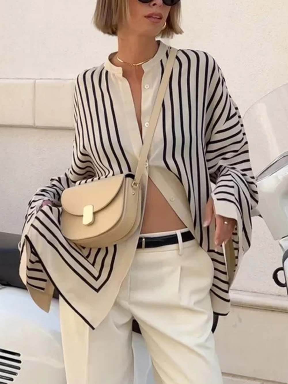 Elegante Casual Ronde Hals Gestreepte Satijnen Losse Blouses