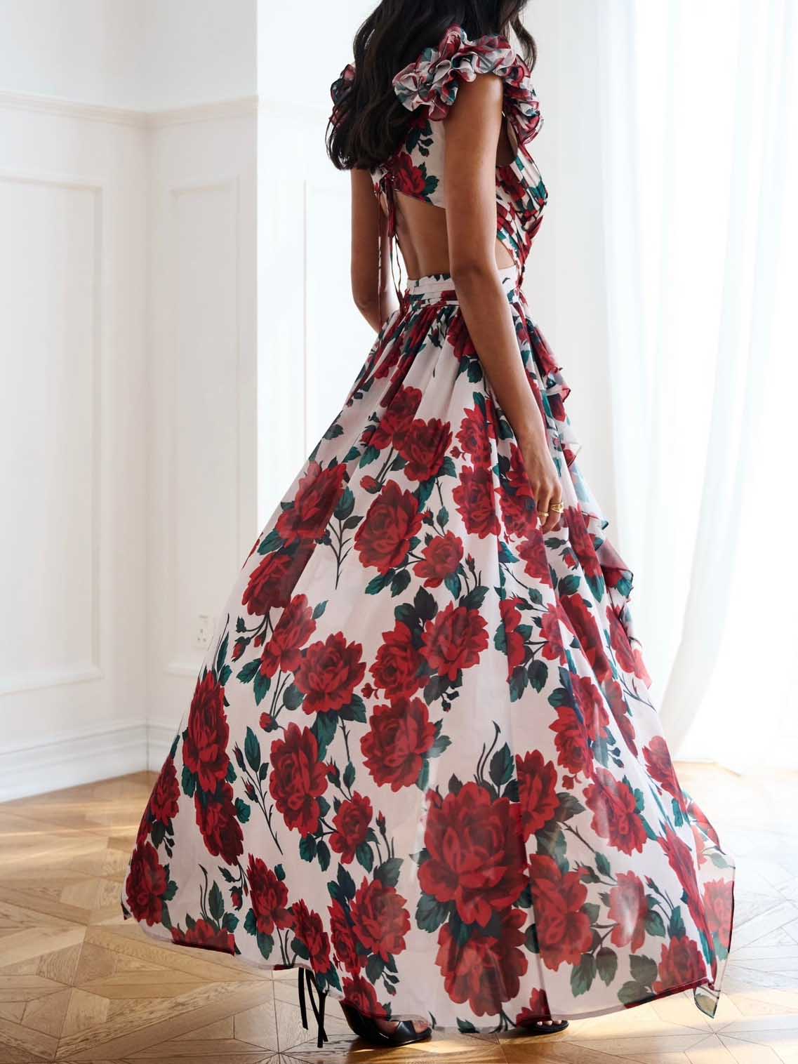 Elegante Maxi-jurk met Bloemenprint en Uitsnijdingen