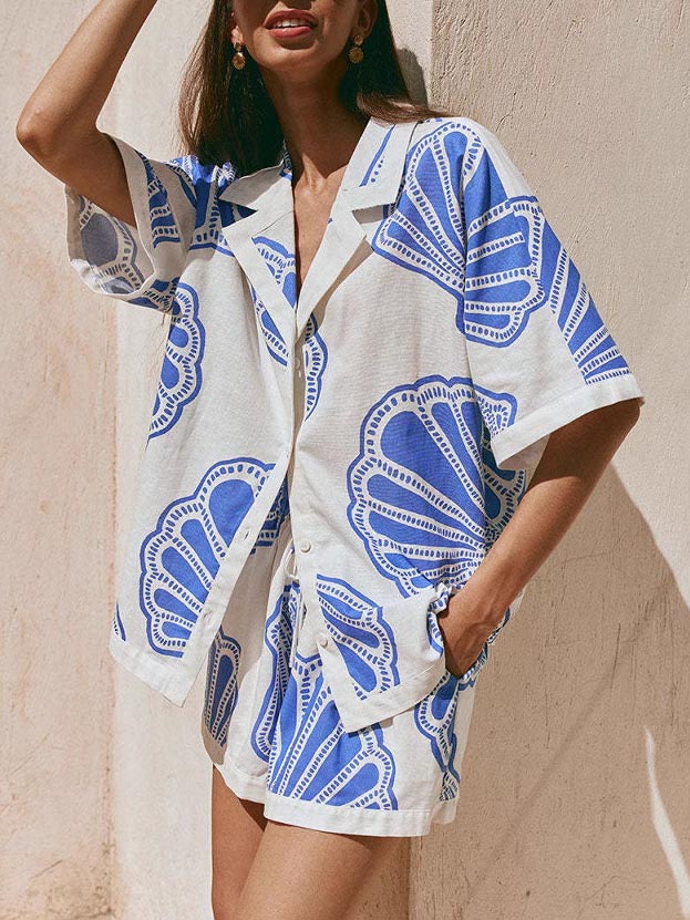 Casual Ocean Shell Print Shorts Twee-delige Set