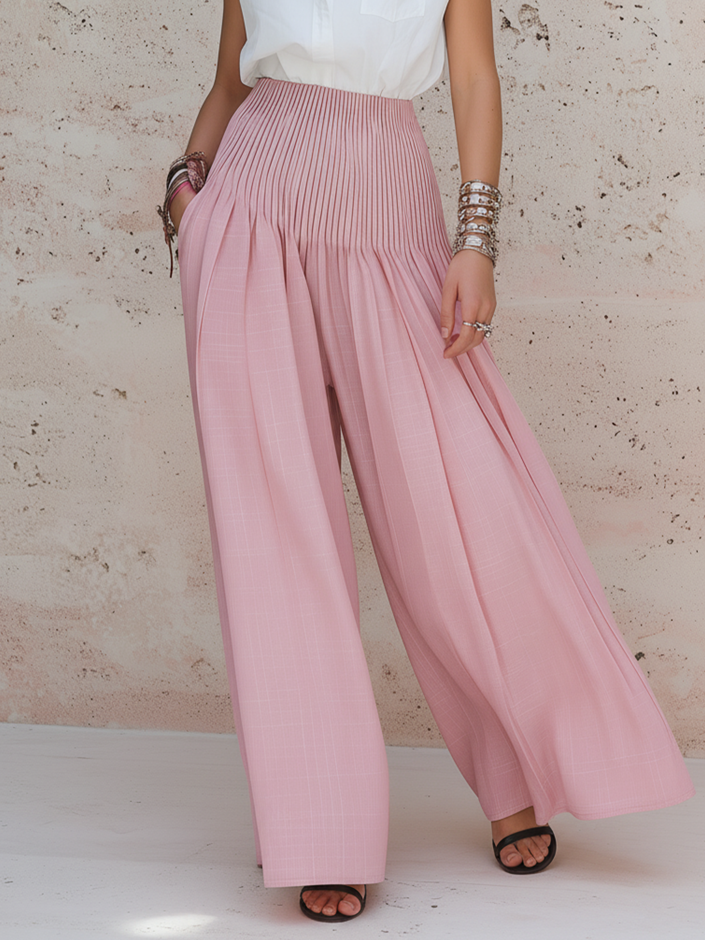 Hoge Taille Plissé Wijde Pantalon & Mouwloze Shirt Co-Ord Set