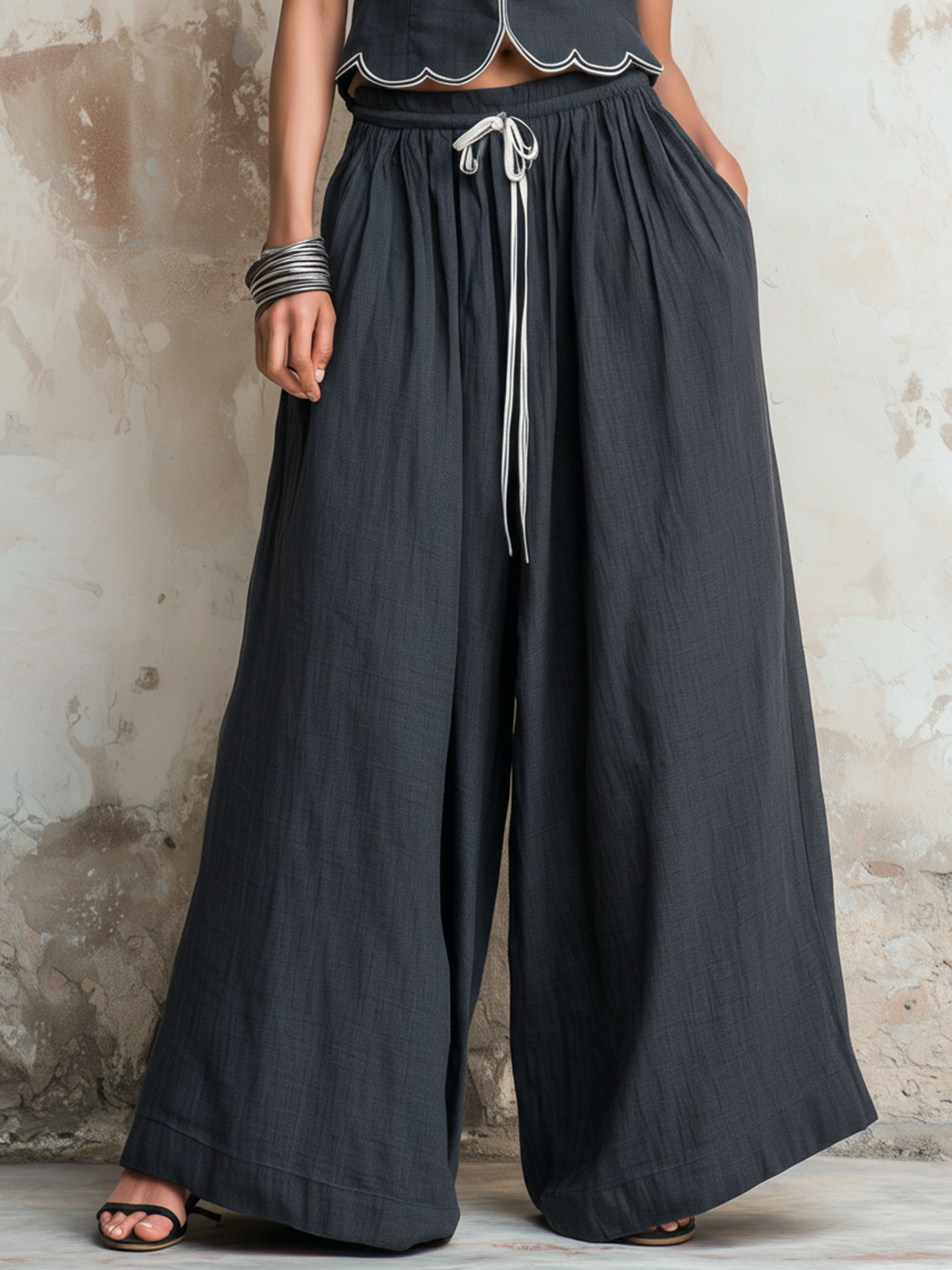 Houtskool Scallop Trim Mouwloos Top & Touwtje Wijde Pijpen Linnen Co-ord Set