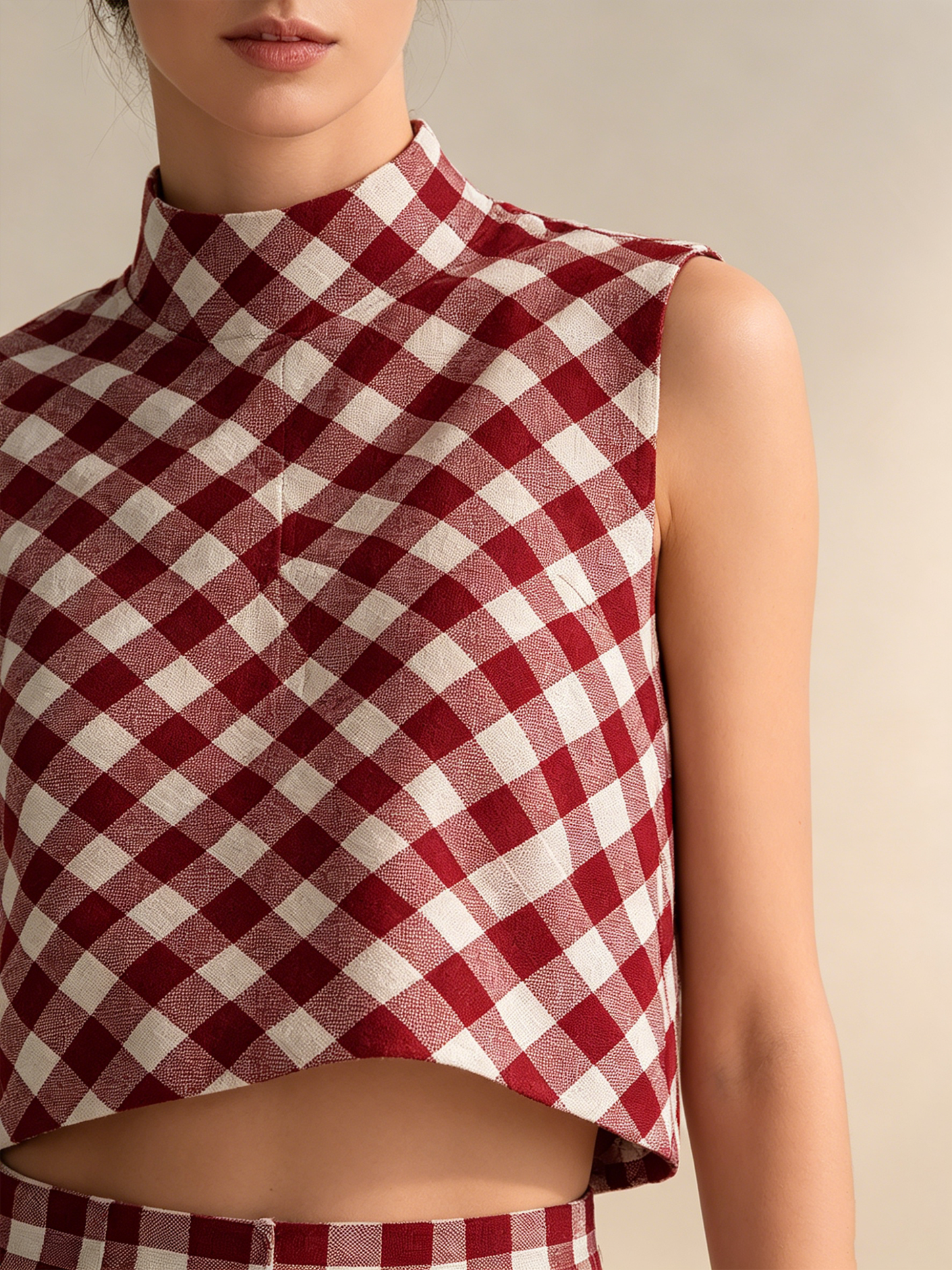 Rode Gingham Mouwloze Crop Top & Hoge Taille Wijde Broek Set