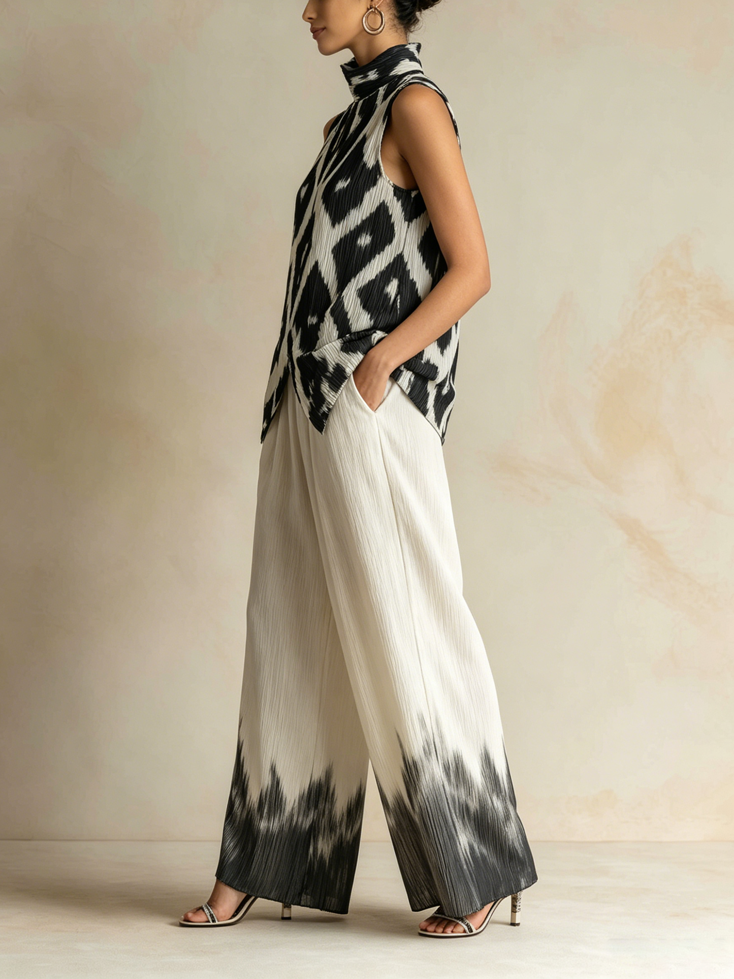 Zwart & Wit Ikat Print Geplooide Mouwloze Top & Dip-Dye Wijde Pantalon Set