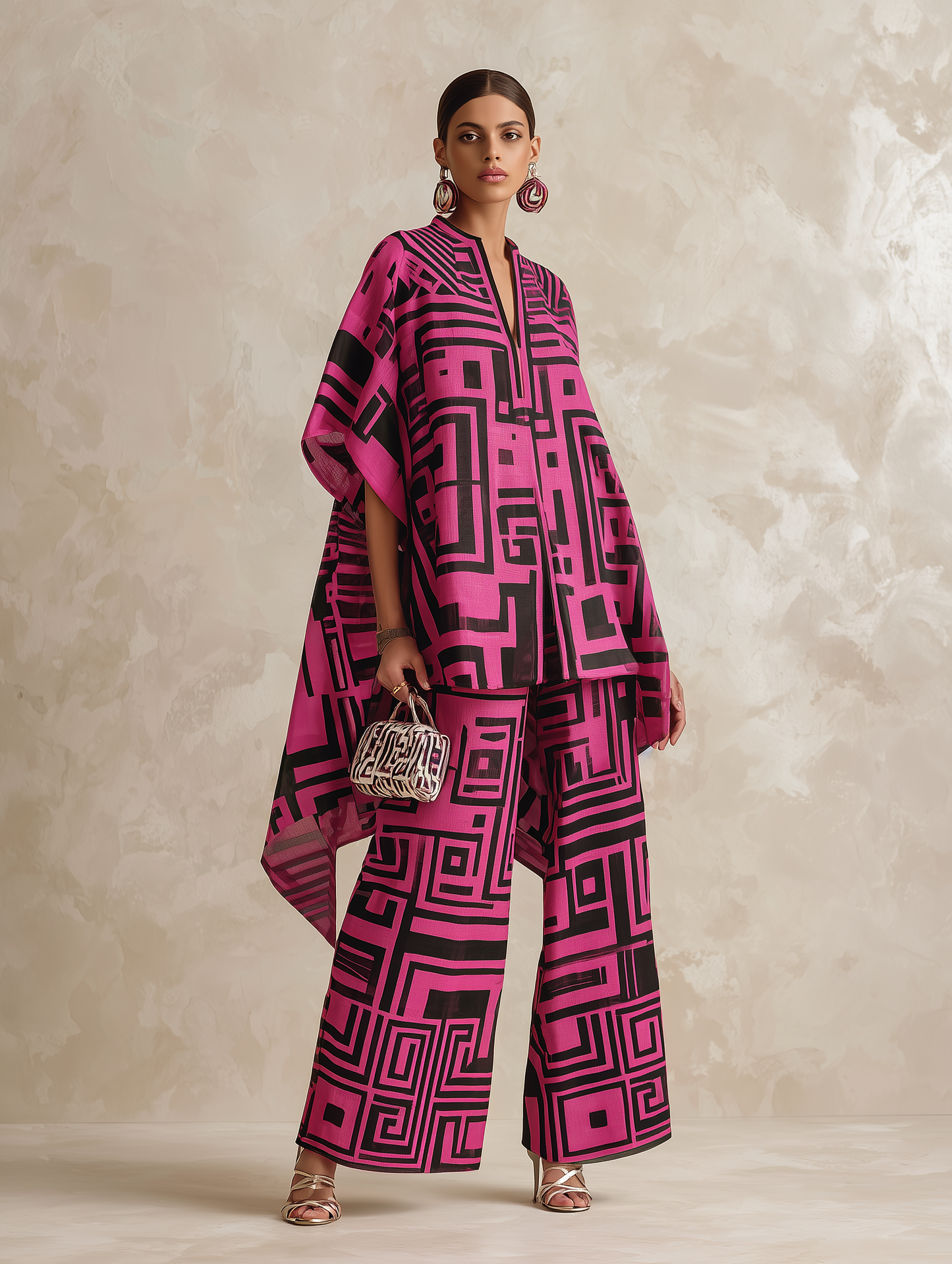 Dikke Geometrische Print Vloeiende Kaftan Top & Brede Pantalon Set