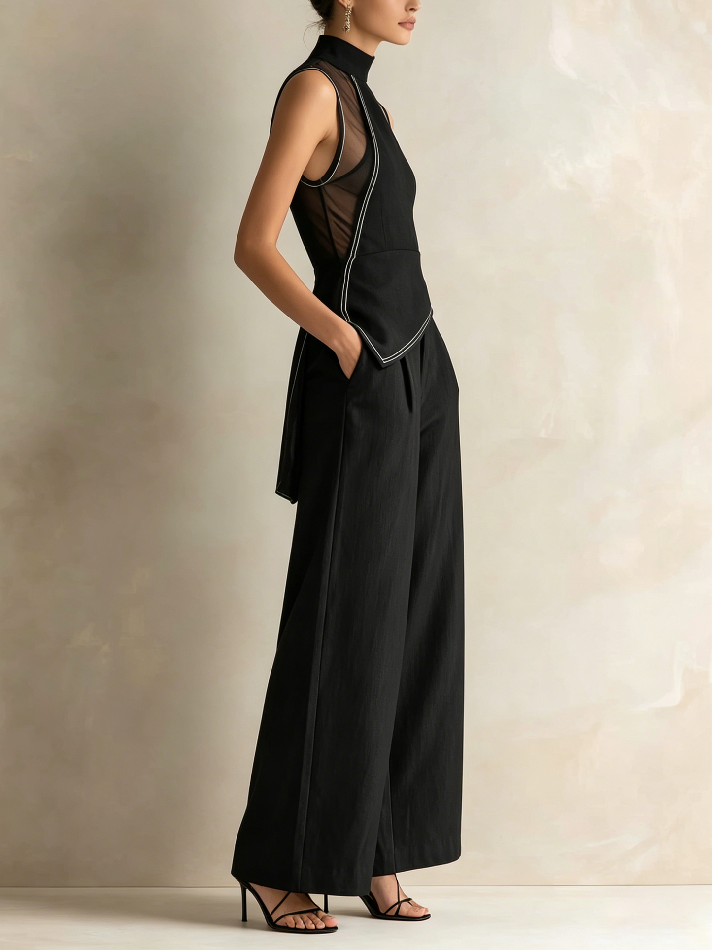 Doorzichtig Mesh Mock Neck Top & Tailored Wide-Leg Broek Set