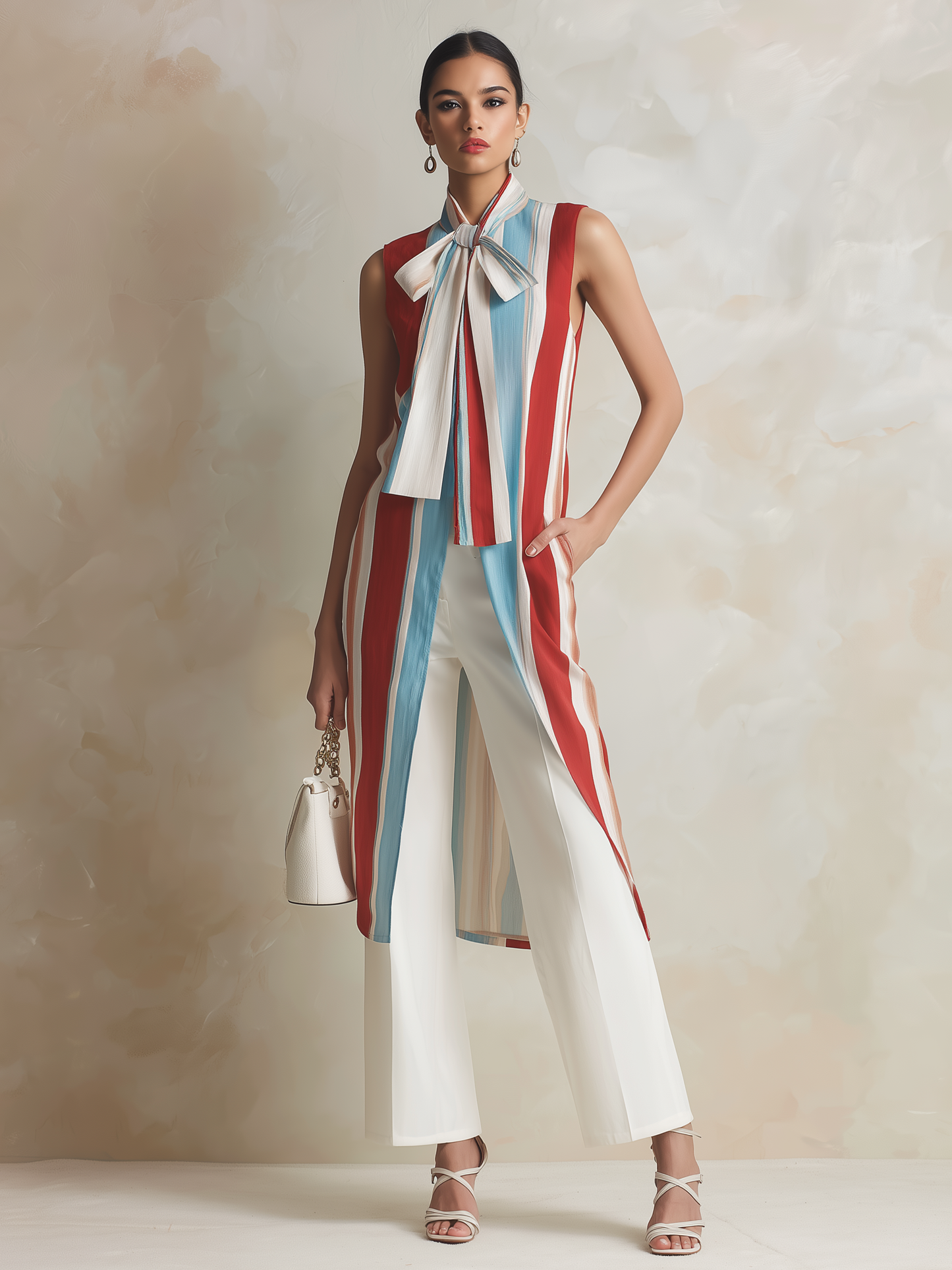 Gestreepte Lange Mouwloze Vest & Brede Pantalon Set