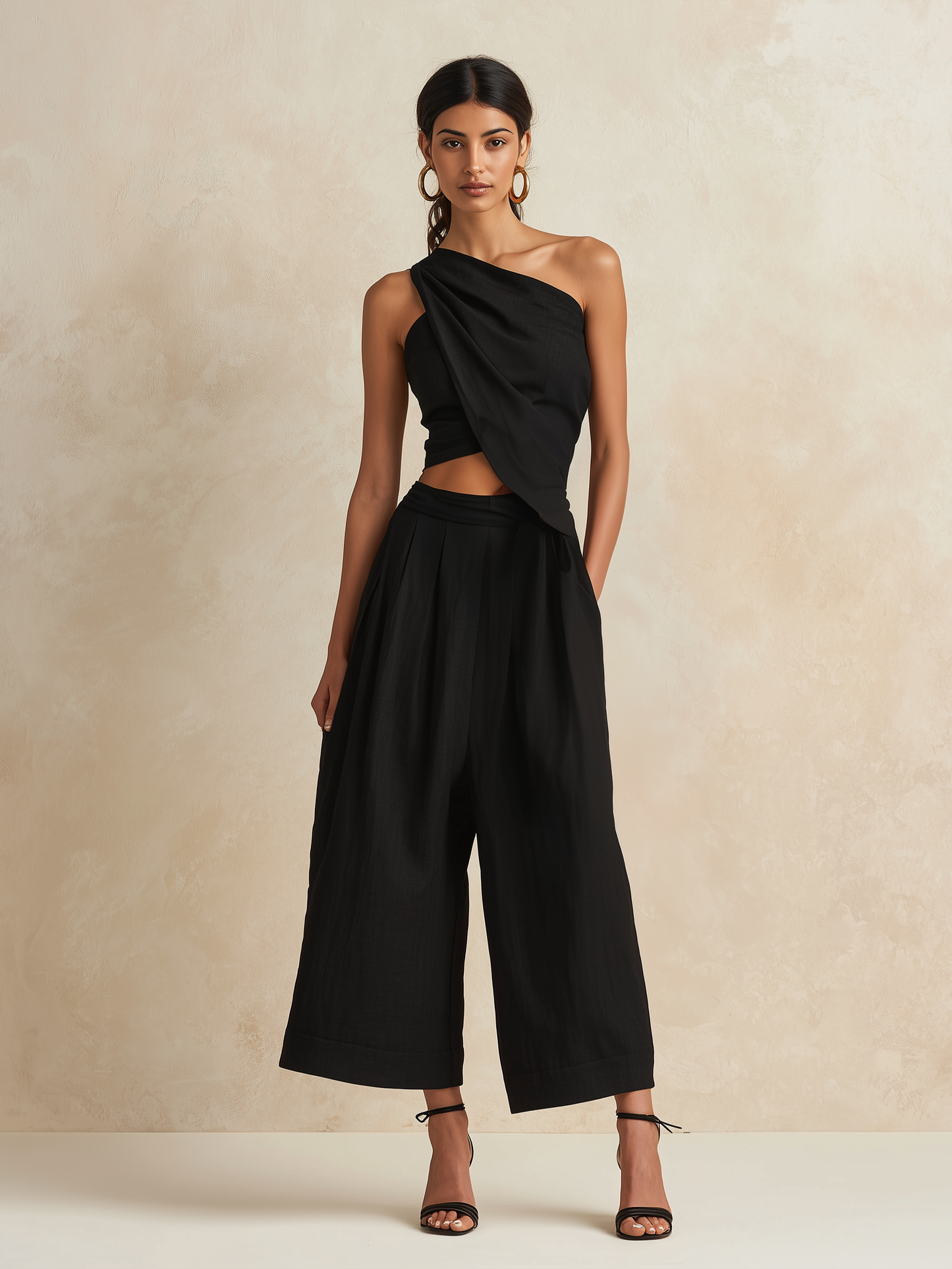 Zwarte Asymmetrische Top met Één Schouder & Hoge Taille Culotte Set