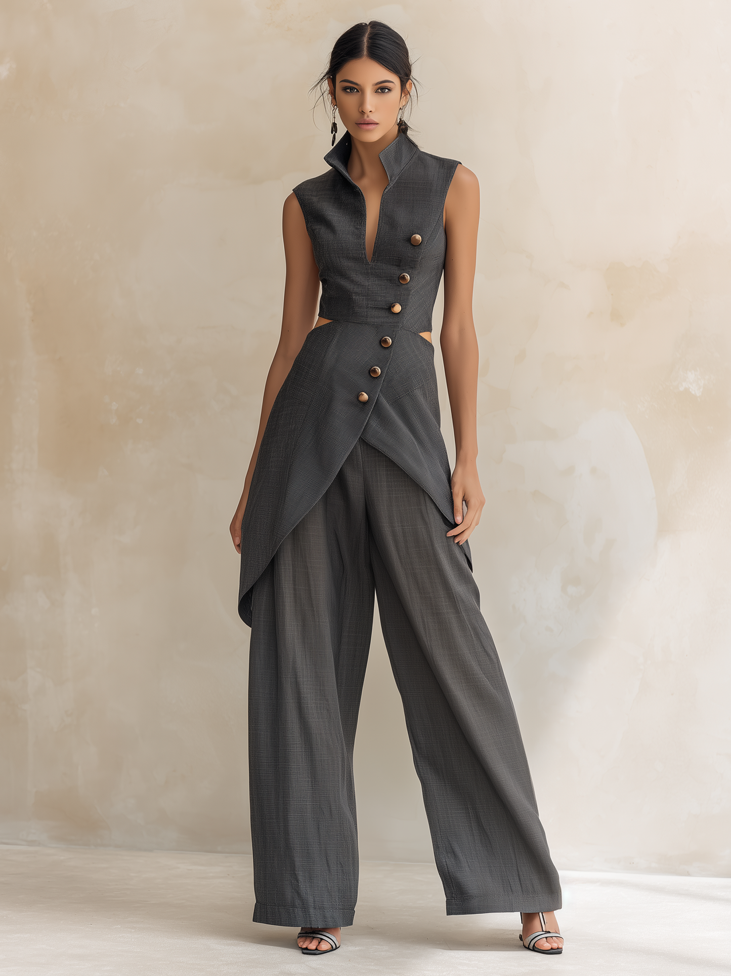 Houten Asymmetrische Cutout Vest & Wijde Pantalon Set