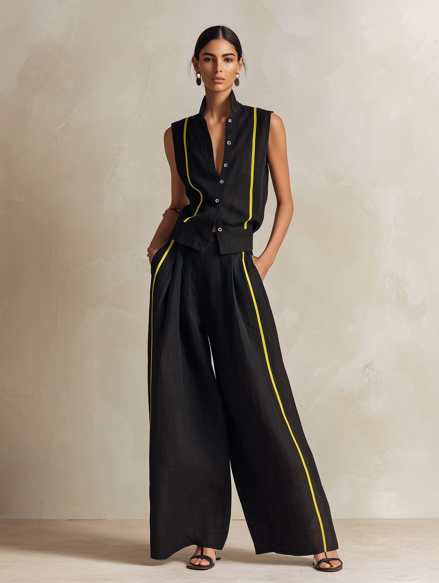 Zwart & Neon Gele Linnenmix Mouwloze Vest & Wijde Pantalon Set
