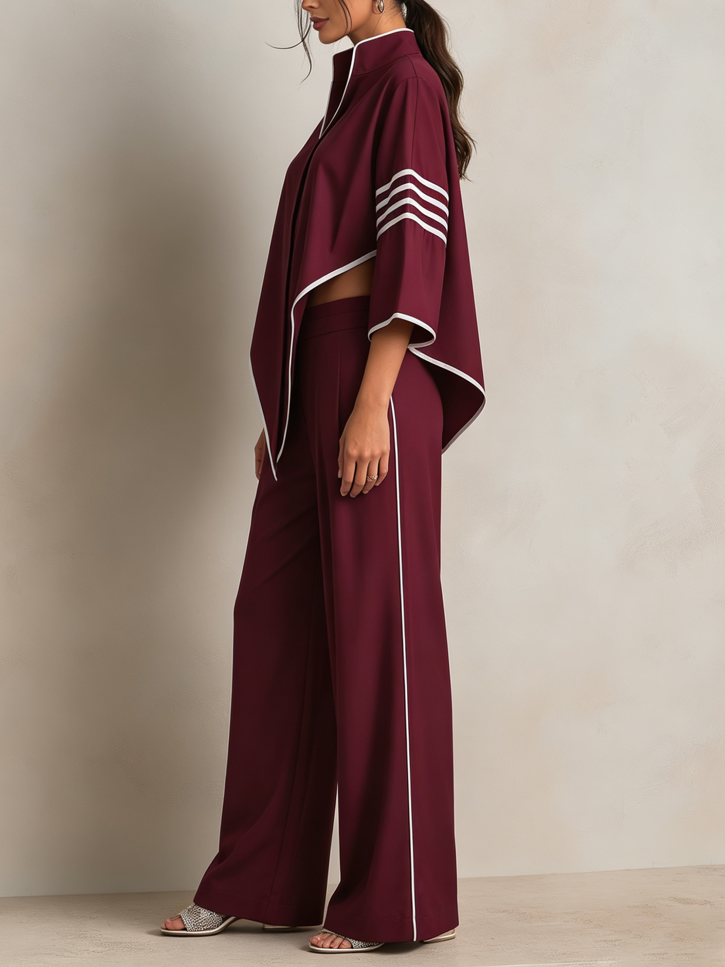 Bordeaux Asymmetrisch Afgewerkt Top & Brede Broek Set