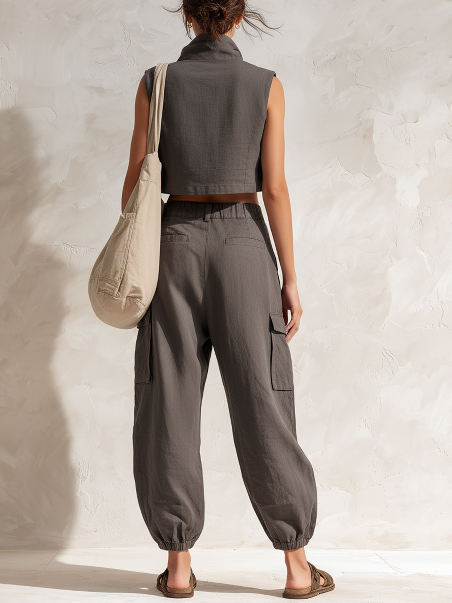 Koolgrijze Cropped Utility Vest & Parachute Cargo Broek Set
