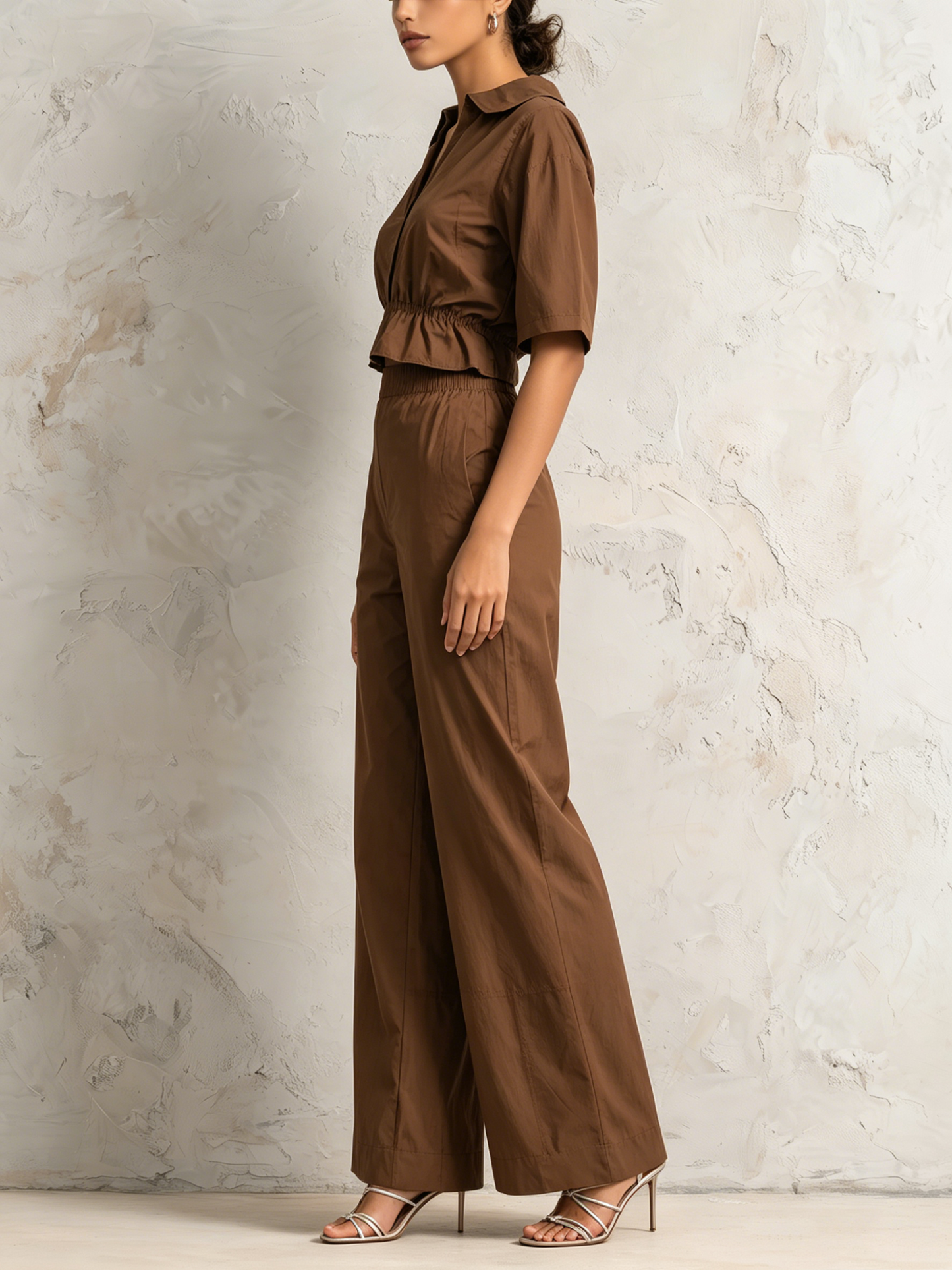 Kraagloze Korte Mouwen Cropped Shirt & Elastische Hoge Taille Brede Pijpen 2-Delige Casual Set