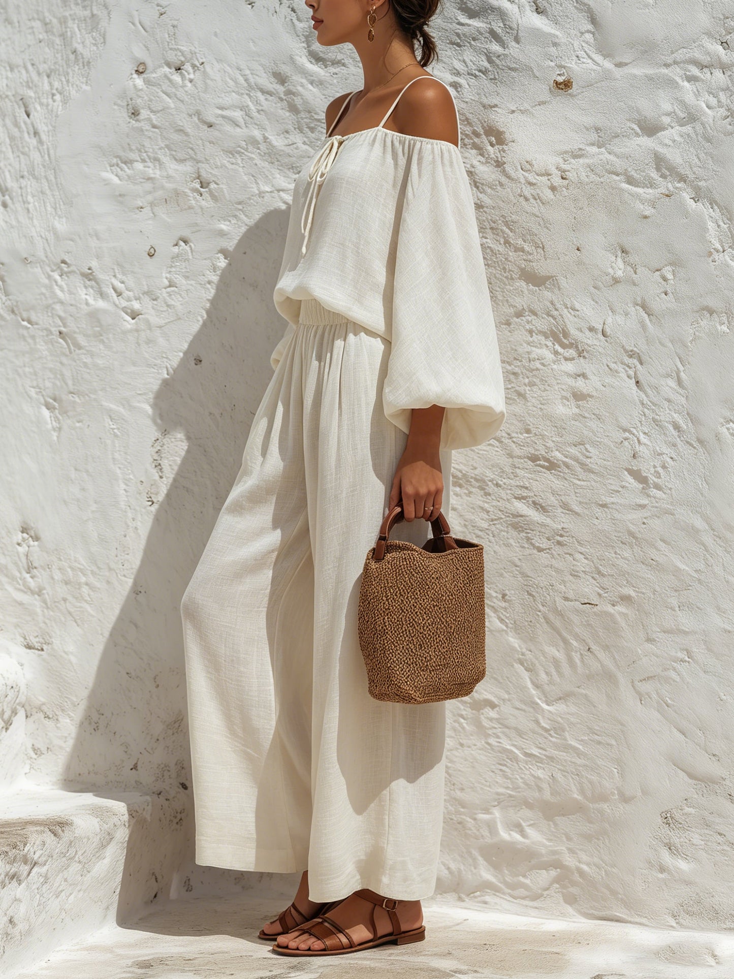 Elegante Resort Outfit Set – Off-Shoulder Lange Mouw Top Met Wijde Broek