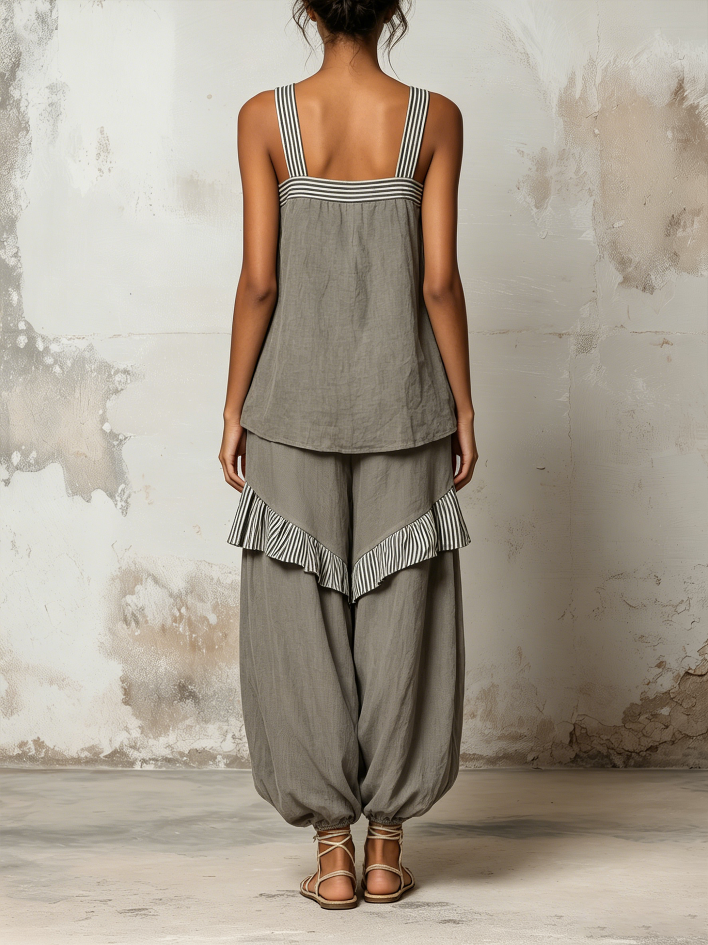 Grijs Gestreept Linnen Twee-delig Set Vierkante Band Tanktop Ballon Harem Broek Outfit