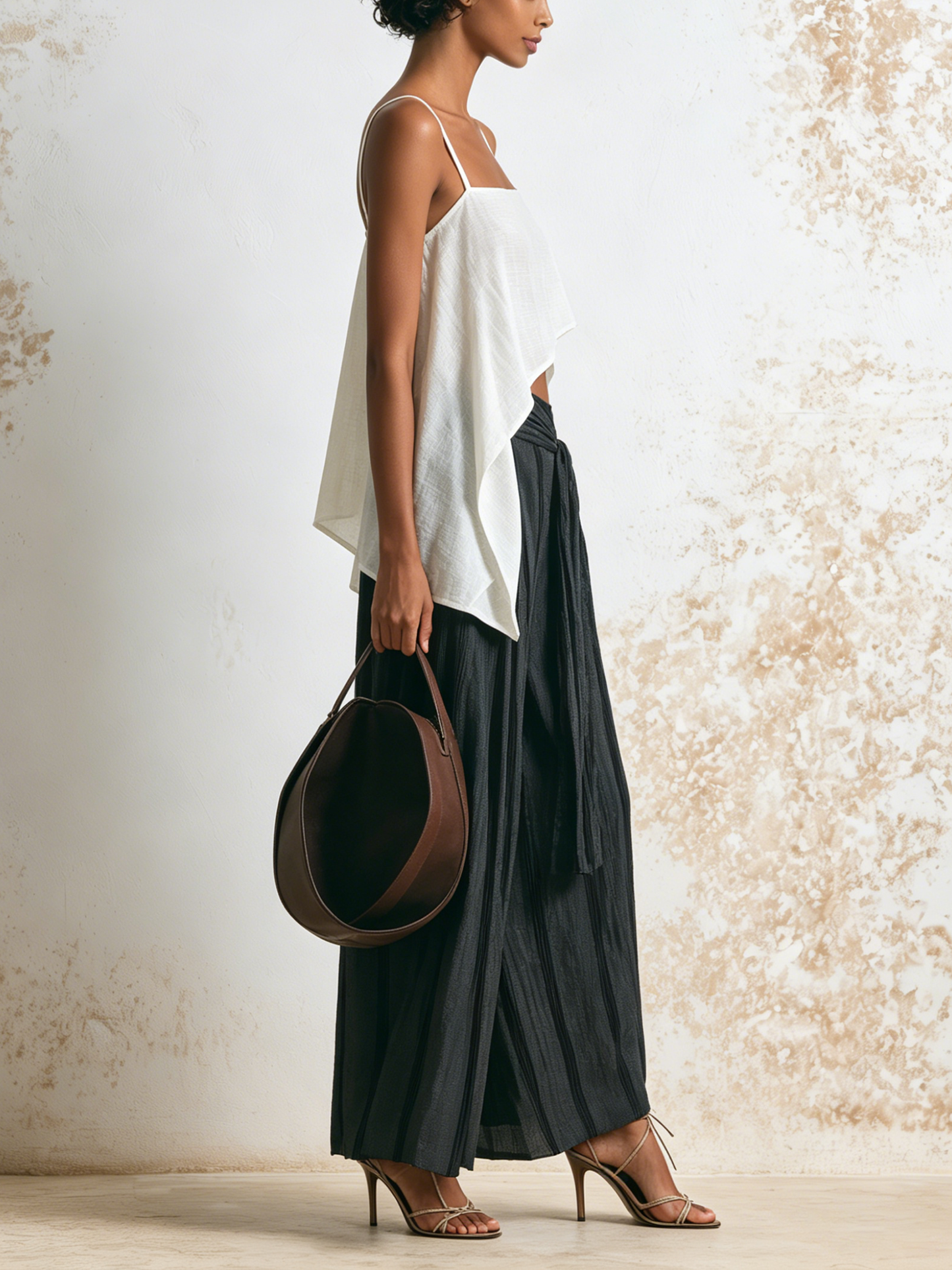 Asymmetrische Witte Cami & Gestreepte Wijdpijpen Broek Twee Stuk Vakantie Set