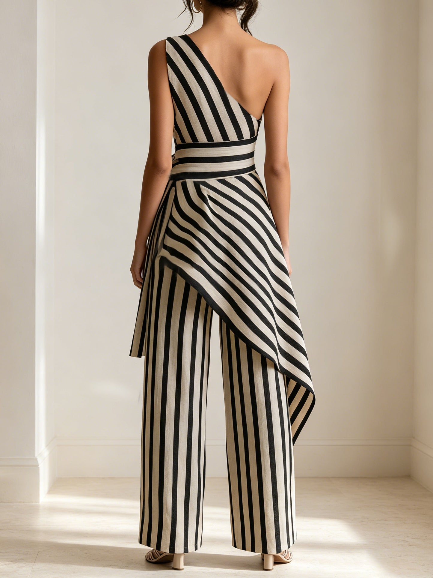 Asymmetrische Een-Schouder Gestreepte Jumpsuit – Elegante Hoge Taille Wijde Pijpen Statement Outfit