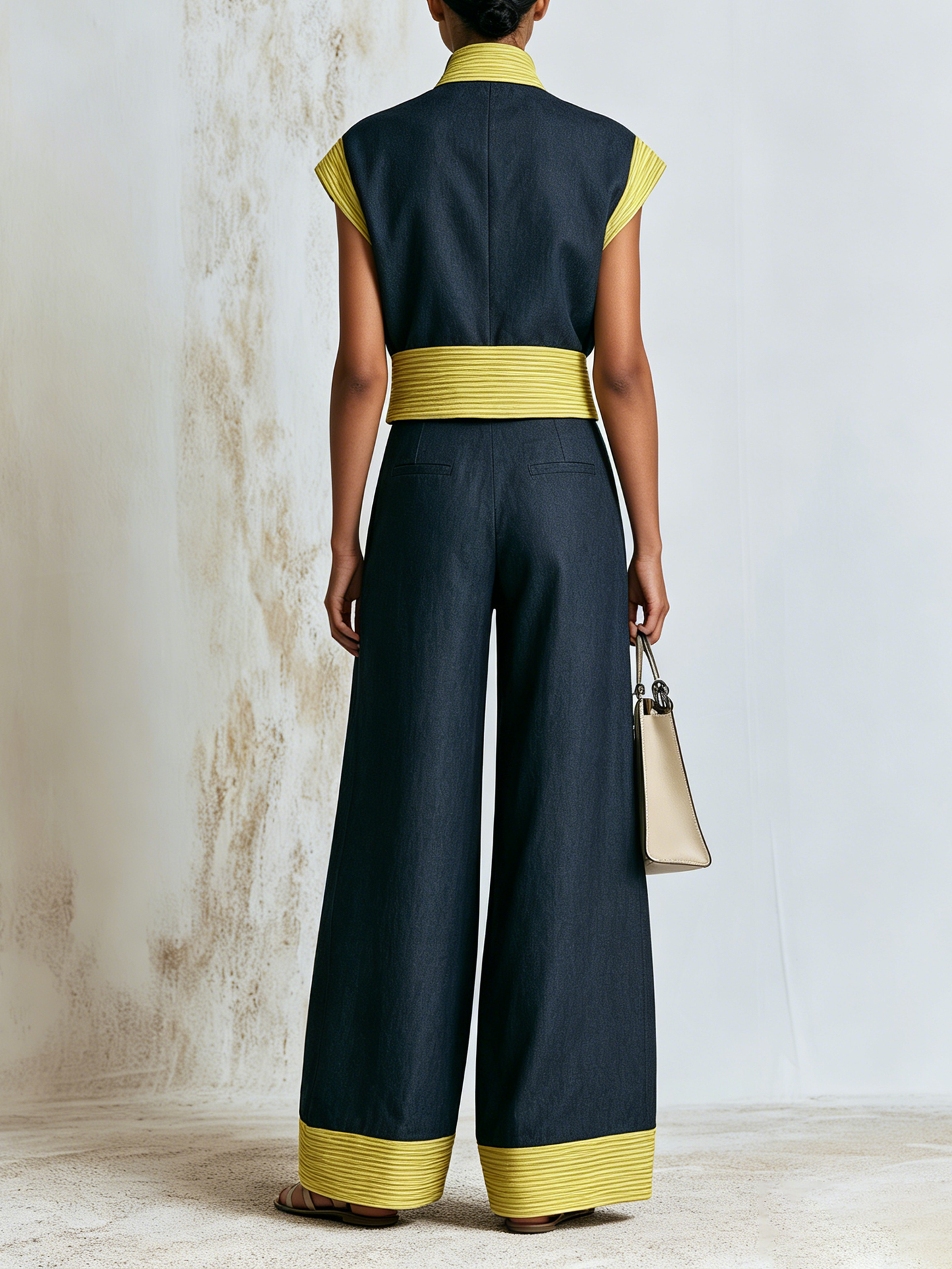 Donkere Geweven Staande Kraag Rits Mouwloze Vest & Brede Pantalon 2-Delige Set Met Gele Dunne Streep Kleurblok Trim