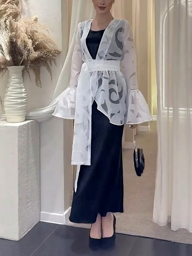 Elegante Gerimpelde Organza Cardigan & Zwarte Maxi Jurk Twee-Delige Set
