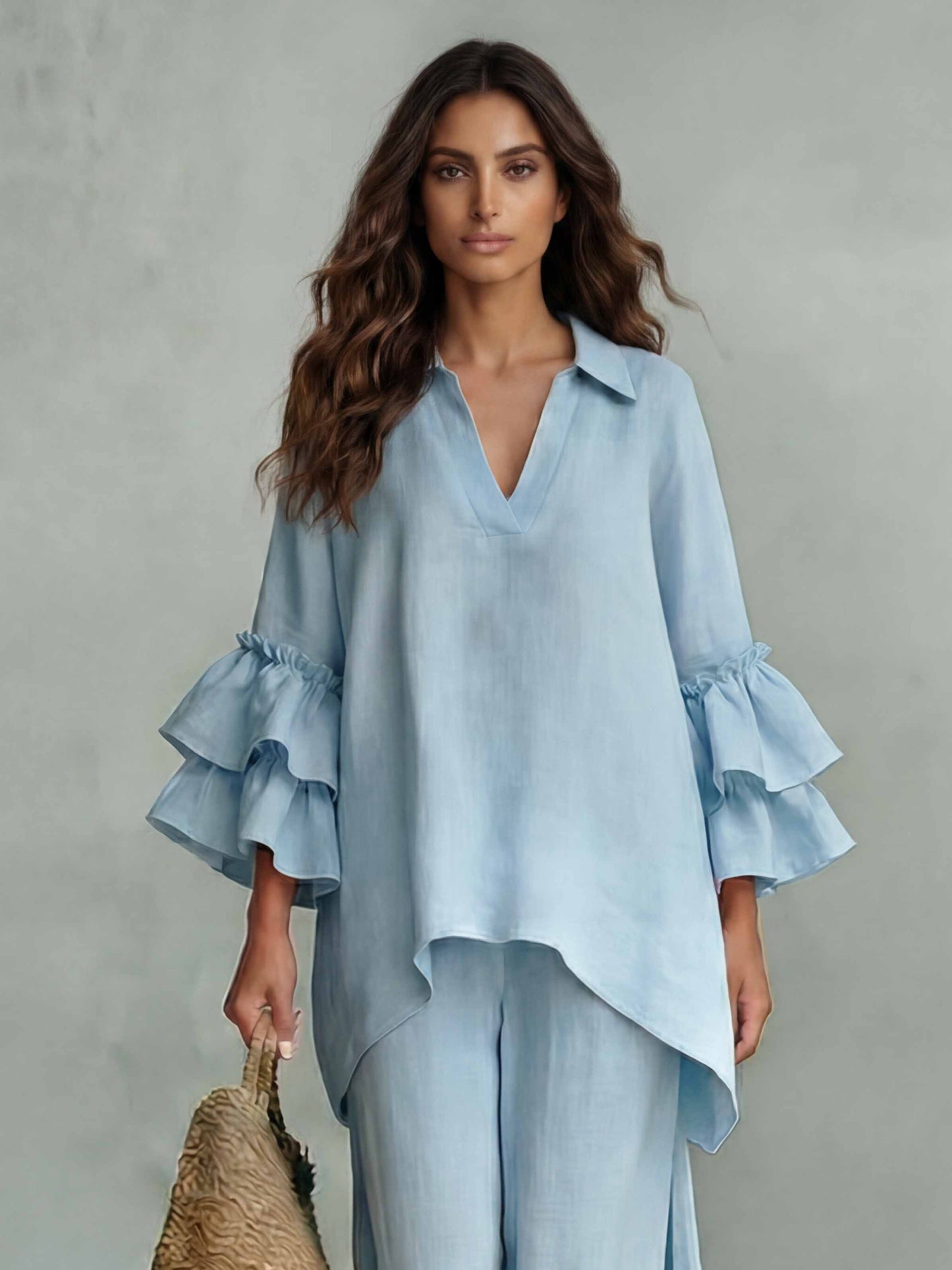 Casual Ruffle Mouw V-Hals Top & Hoge Taille Wijde Broek Set