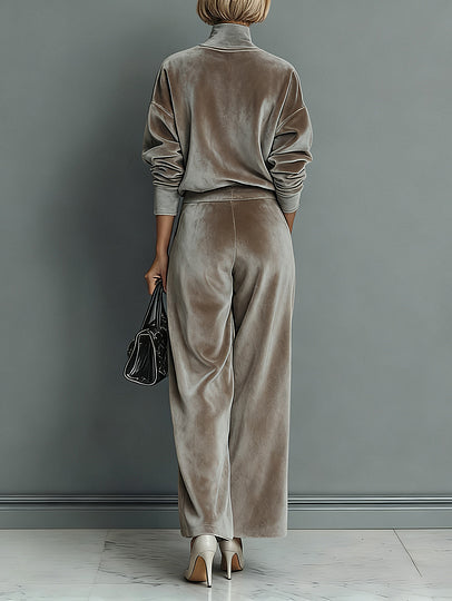 Elegante Hoge Hals Fluwelen Plissé Wijde Broek Twee-delige Set