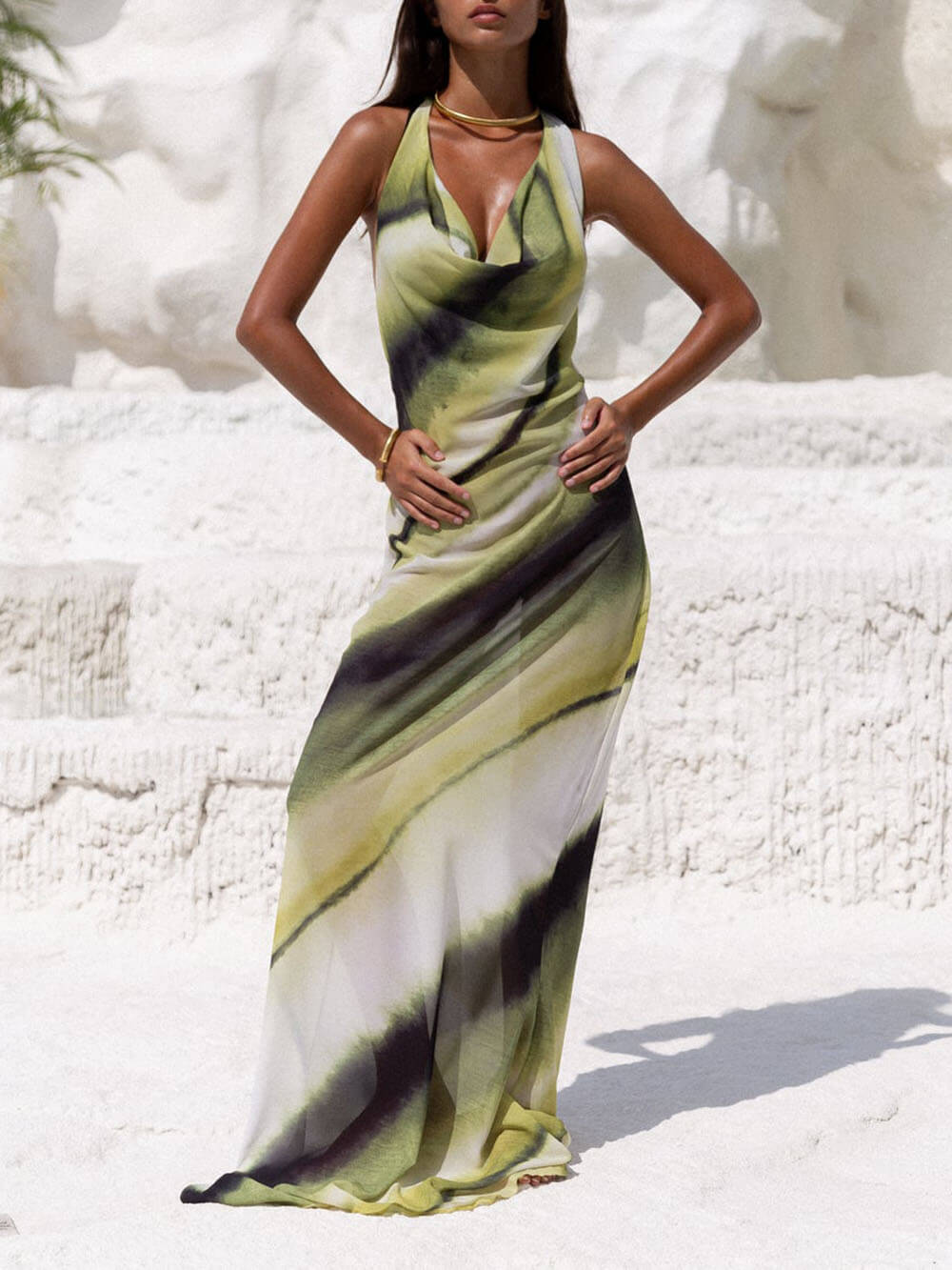 Classic Tie-Dye Gradient Gedrukt Cowl Neck Halter Tie-up Vakantie Maxi Jurk