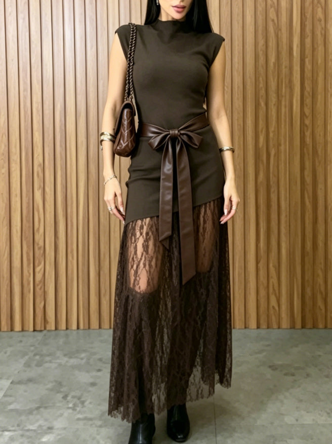 Mouwloze Maxi-jurk met Kantpaneel