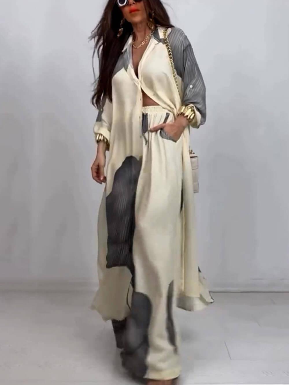 Elegante Losse Gedrukte Midi Top en Wijde Broek Set