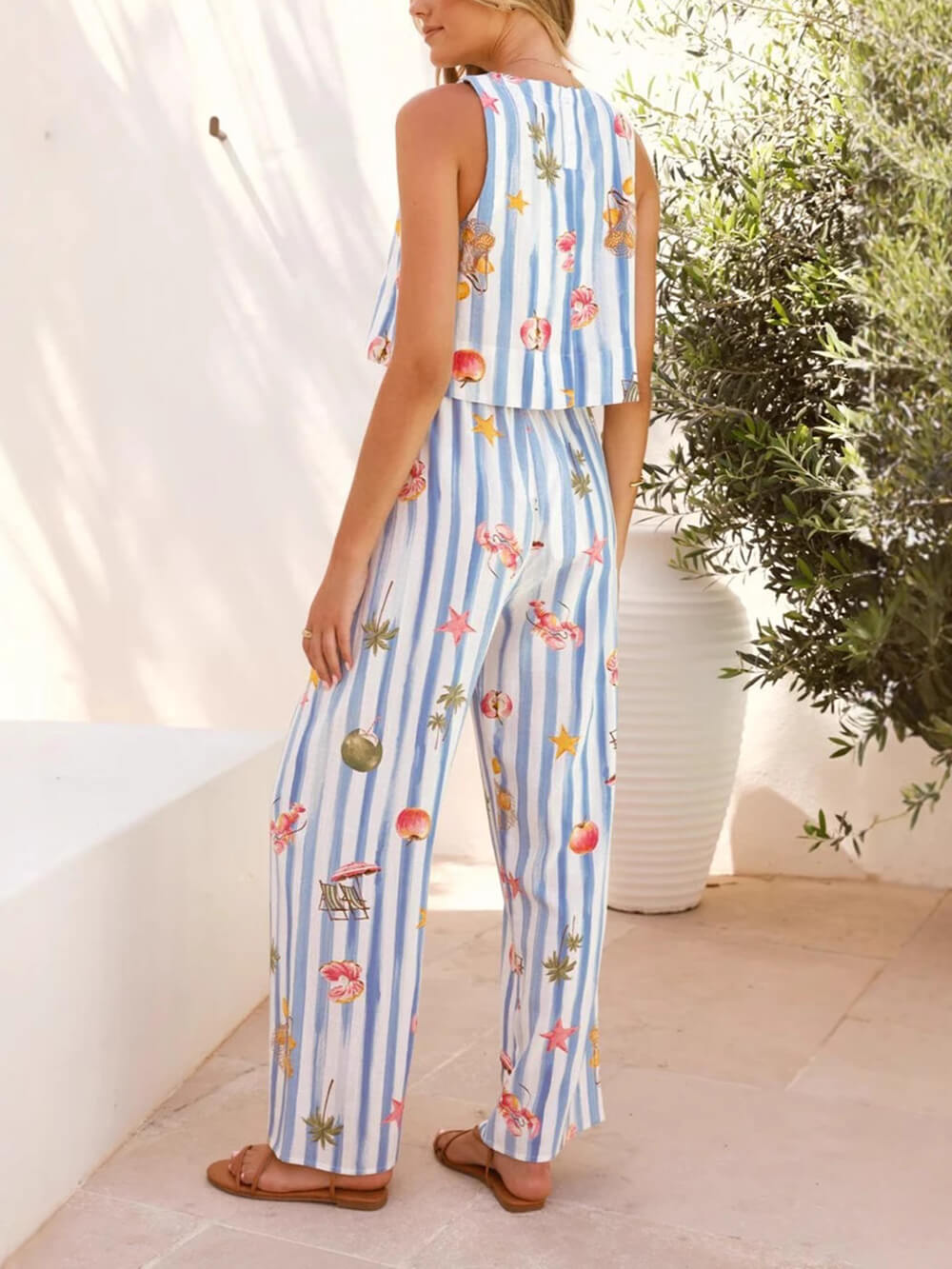 Casual Fruit Print Linnen Mouwloos Gestreept Set