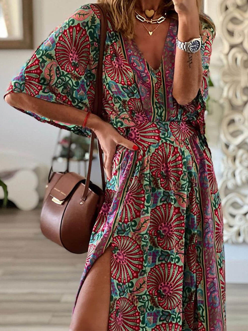 Bohemian Mode V-Hals Gedrukt Losse Maxi Jurk