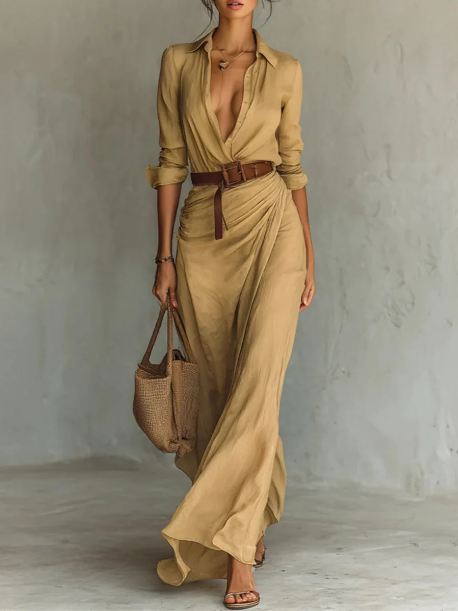 Elegante V-hals Plissé Taille Splits Maxi Jurk