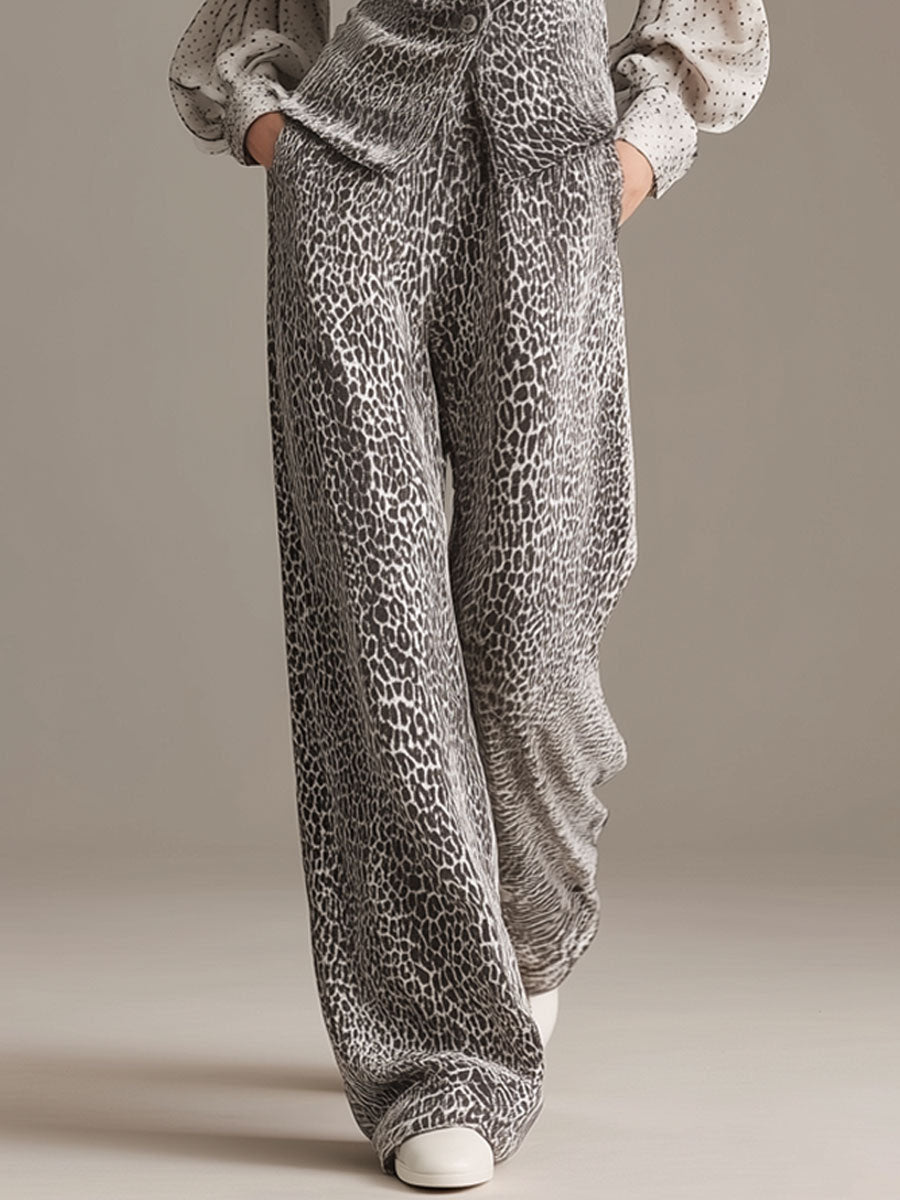 Retro Chiffon Mouw Luipaardprint Top & Wijde Broek Set
