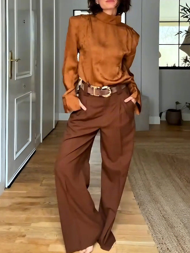 Elegante Satijnen Blouse met Hoge Hals & Broek Tweedelige Set