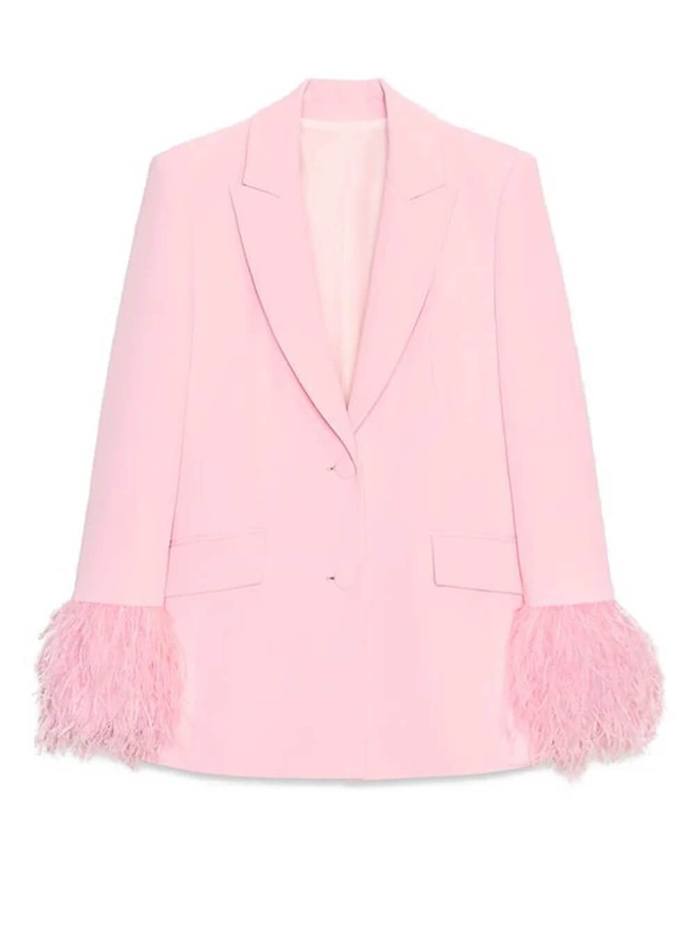 Elegante Roze Blazer met Veerafwerking en Lange Mouwen