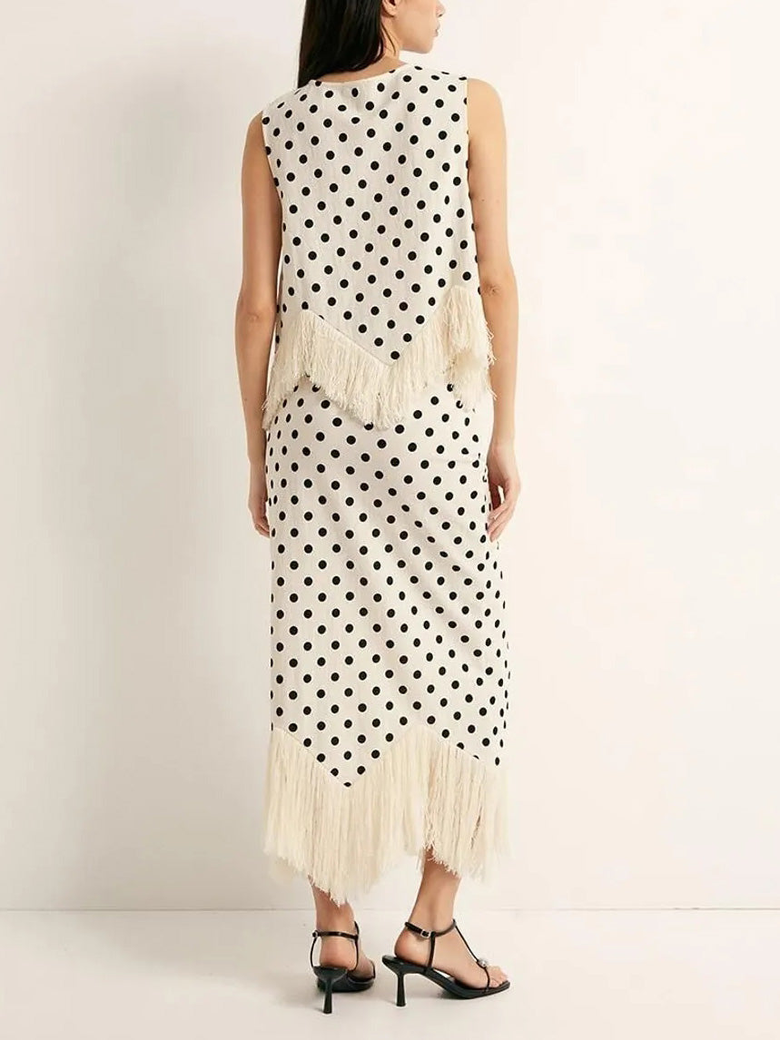 Elegante Polka Dot Fringed Asymmetrische Rok Twee-Delige Set