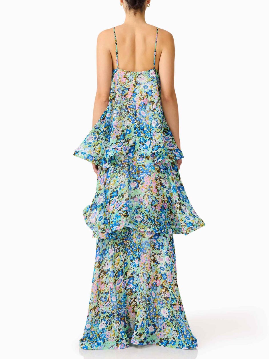 Elegante Levendige Bloemenprint Tiered Ruffle Maxi Jurk