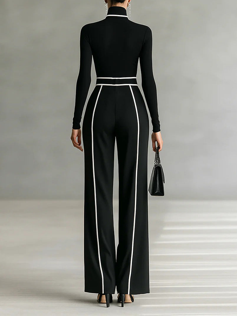 Elegante Hoge Taille Wijde Pantalon met Contrasterende Bies