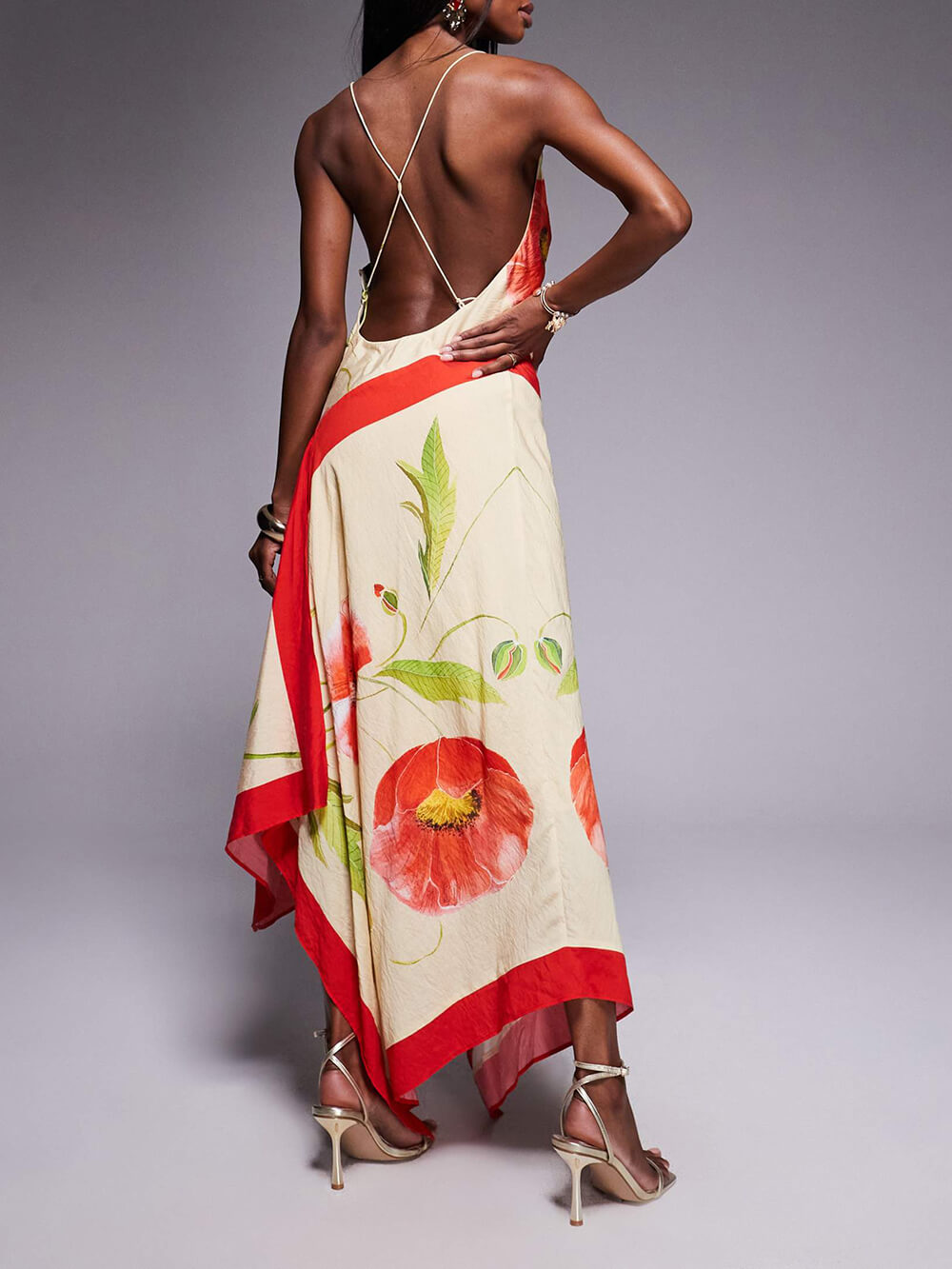 Elegante Unieke Print Diepe Plissé Asymmetrische Rugloze Maxi Jurk