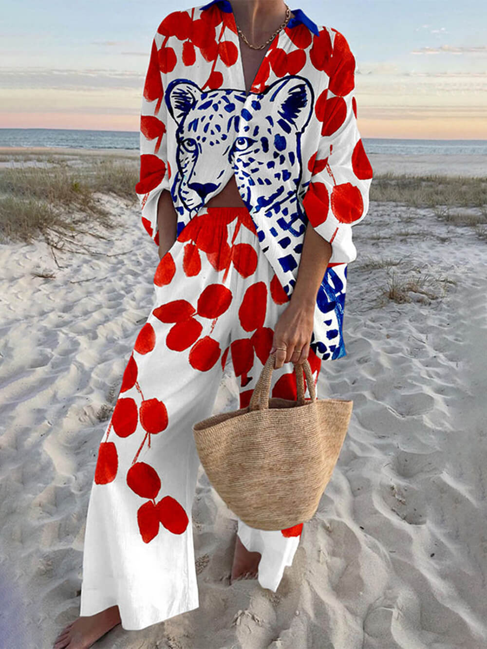 Unieke Oversized Shirt met Pois en Luipaardprint en Broek met Elastische Taille en Zak