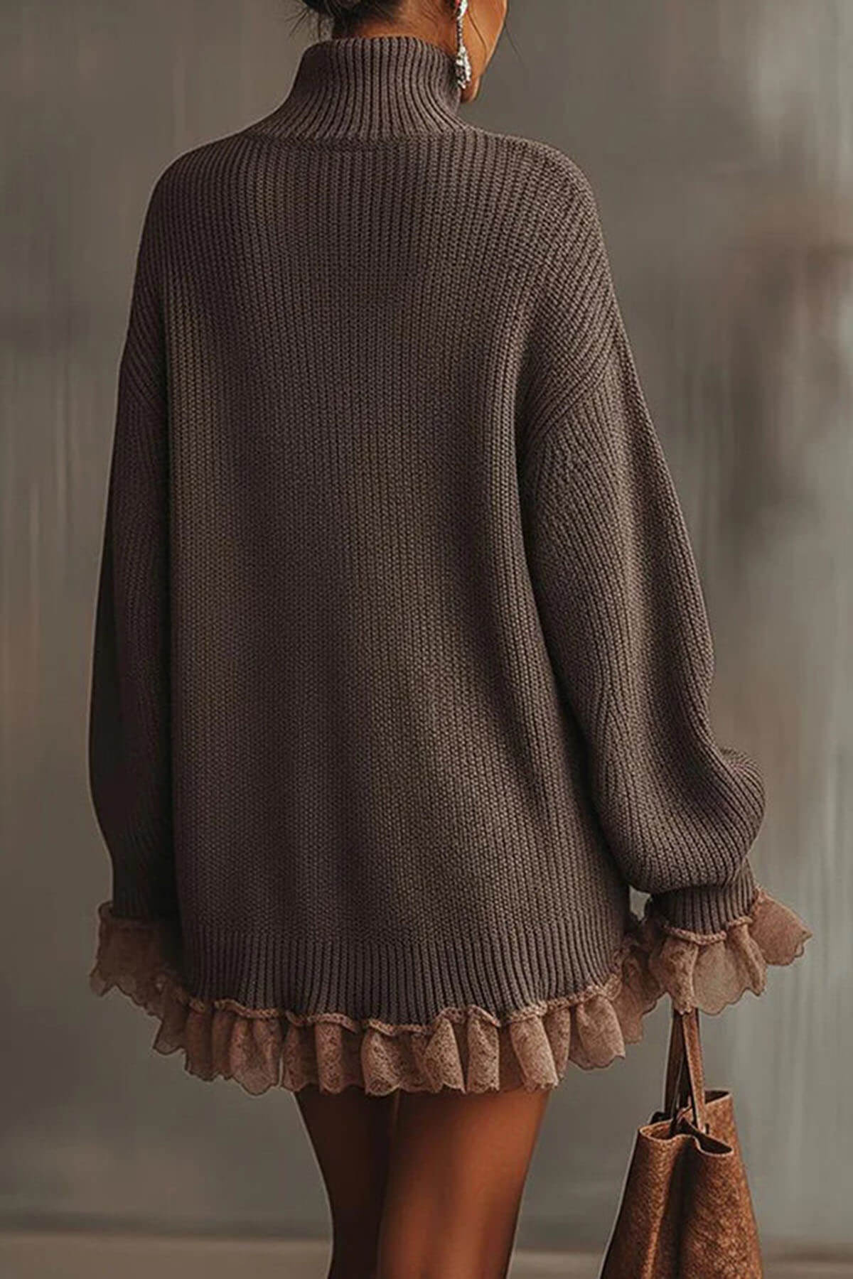 Mode Effen Kleur Turtleneck Lange Mouw Losse Rimpel Brei Mini Jurk