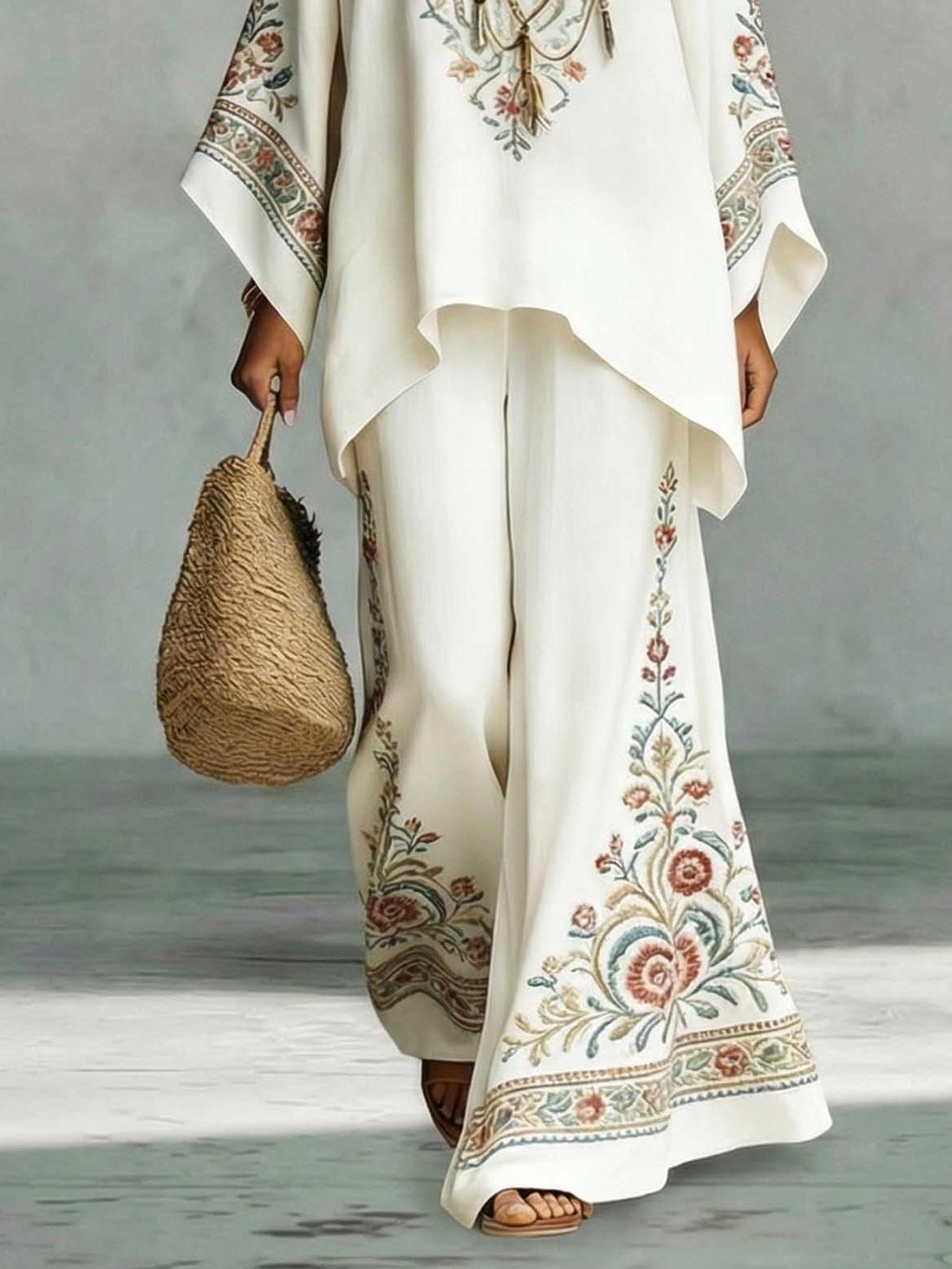 Elegante Satijnen Bloemenprint Kaftan Top & Broek Twee-Delige Set