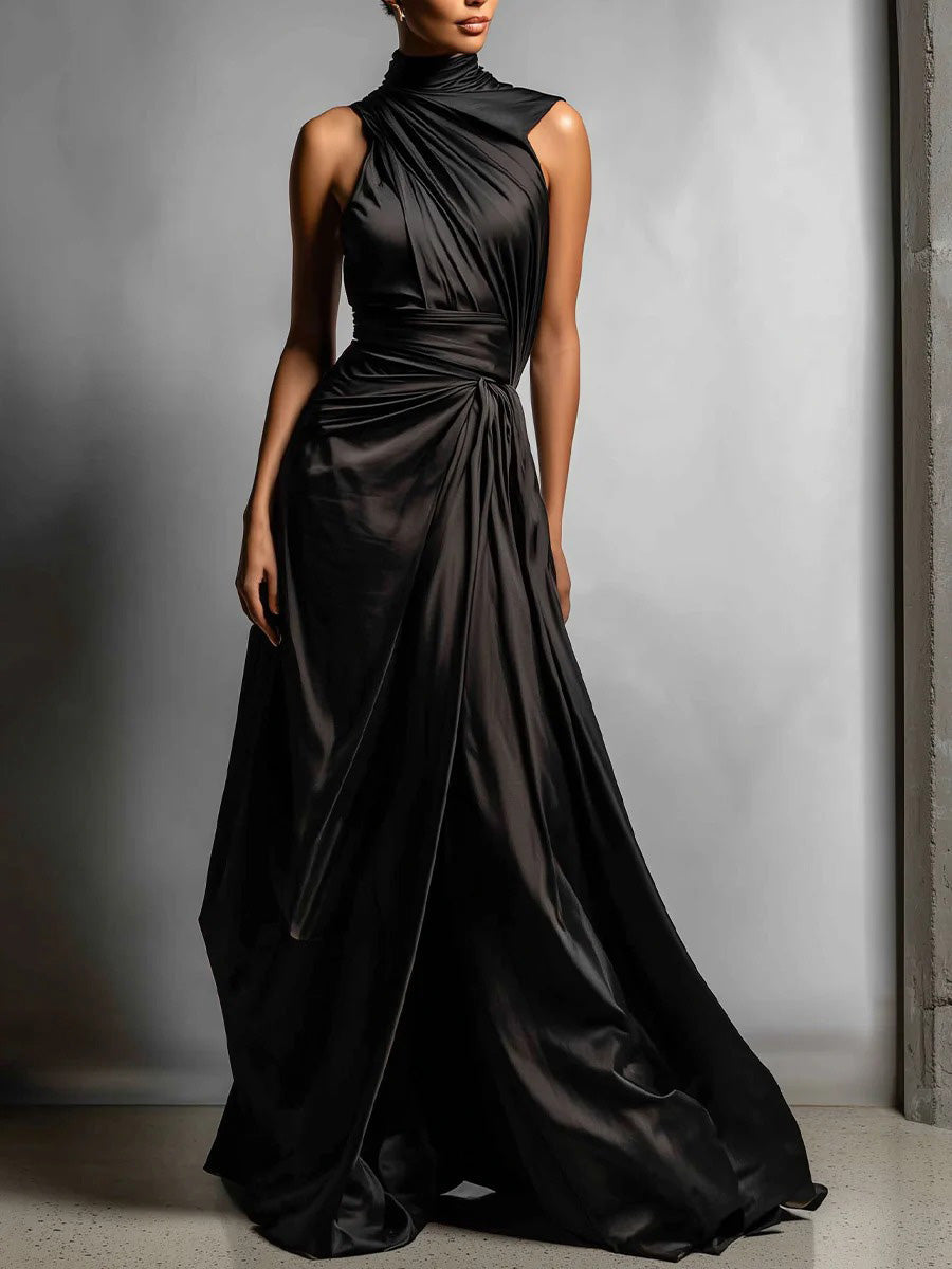 Elegante Maxi-jurk van Satijn met Hoge Hals