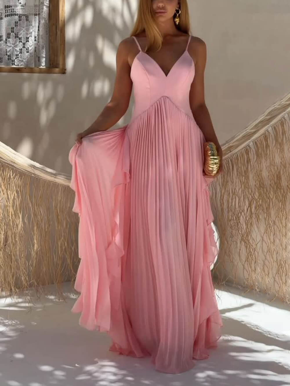 Delicate Roze Laagjes Patchwork Rimpel Maxi Jurk
