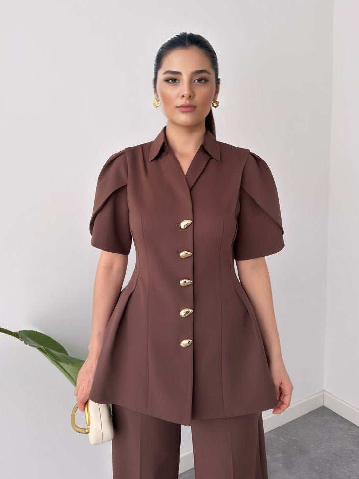 Elegante Top Met Pofmouwen En Rechte Broek Twee-Delige Set