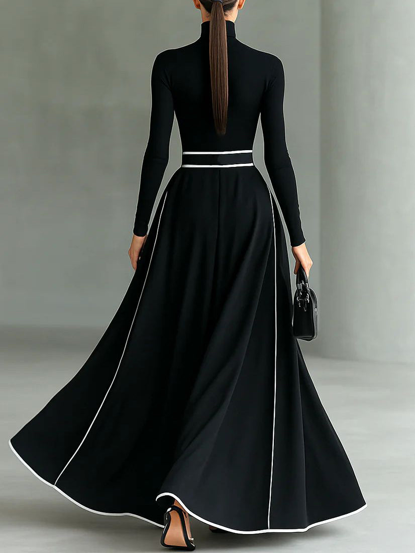 Elegante Hoogsluitende Maxi-jurk met Kleurblokken