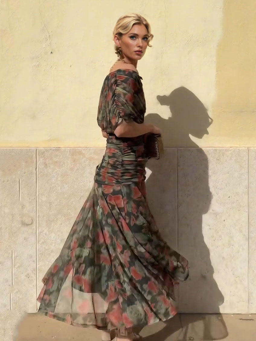 Elegante Mesh Aquarel Print Geplooide Maxi Jurk